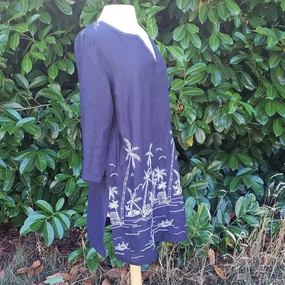 Talbots Embroidered Navy Blue Palm Tree Print Women's TunicTop XL - Picture 2 of 11